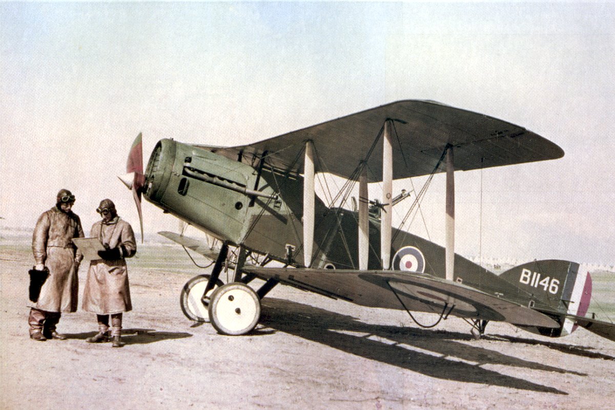 Bristol Fighter F.2B on the line with ground crew and camera equipment