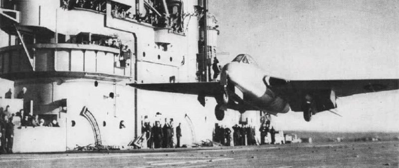 Eric Brown landing Sea Vampire jet on aircraft carrier