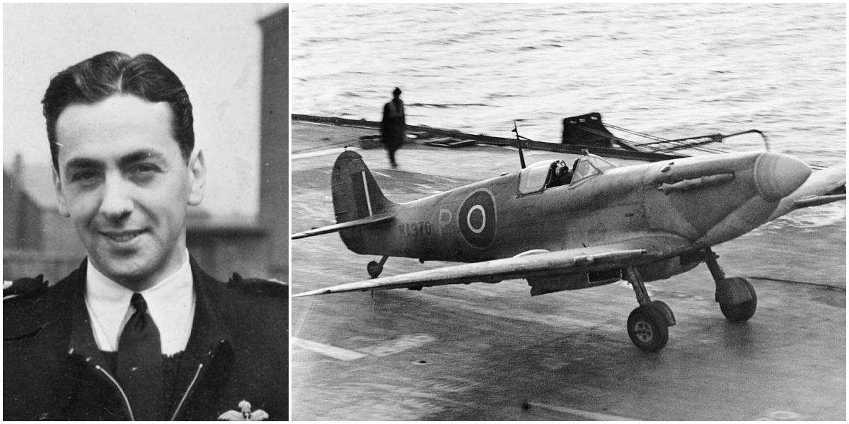 Eric Brown with Seafire on aircraft carrier