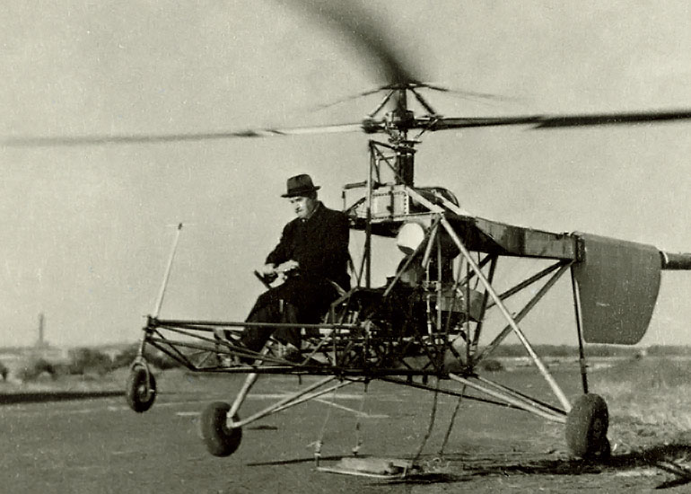 Insert image here: Comparative plate — autogyro, early multi‑rotor attempts, and VS‑300 single‑main‑rotor layout.